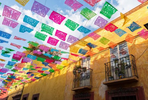 Colorful,Paper,Flags,Over,Street Mexiko Deko Papierfahnen Girlande 1075408259 scaled 500x0 c default